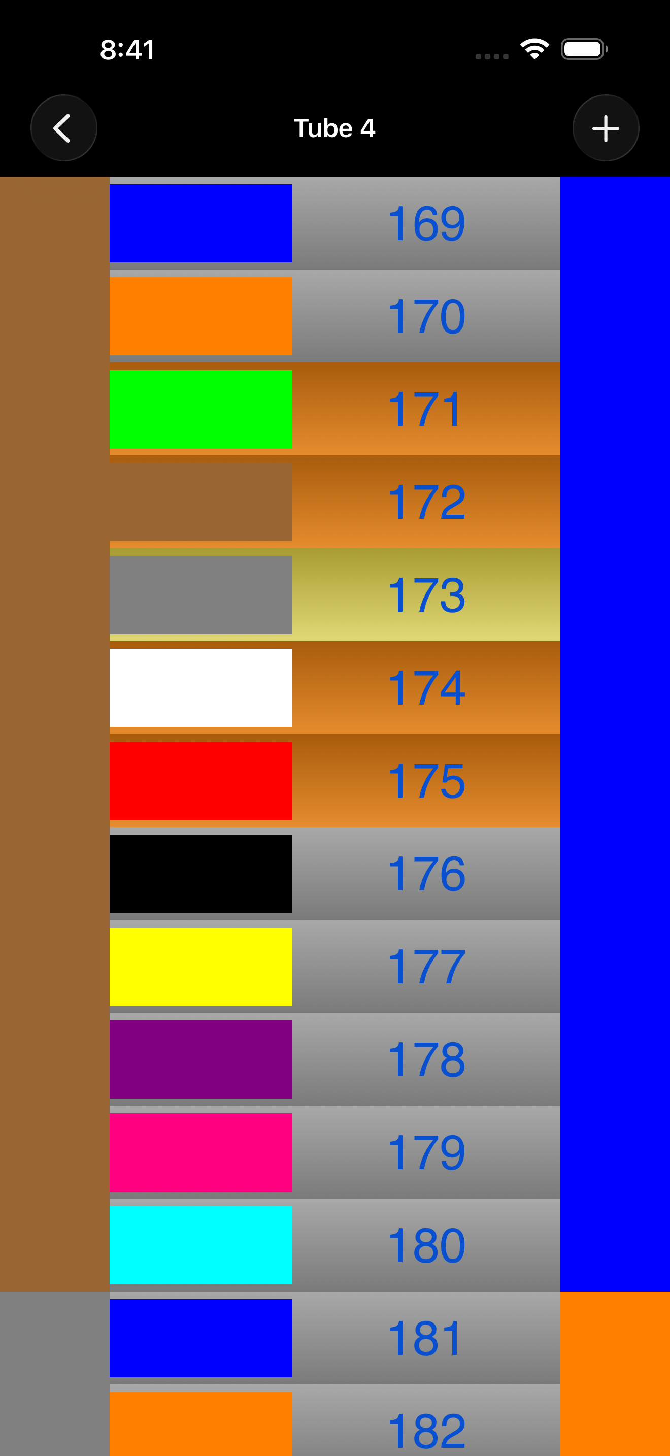 Fiber's results list with a breakdown tube enabled, showing tube 4 with fibers 169 through 182 and a second color band on the right.