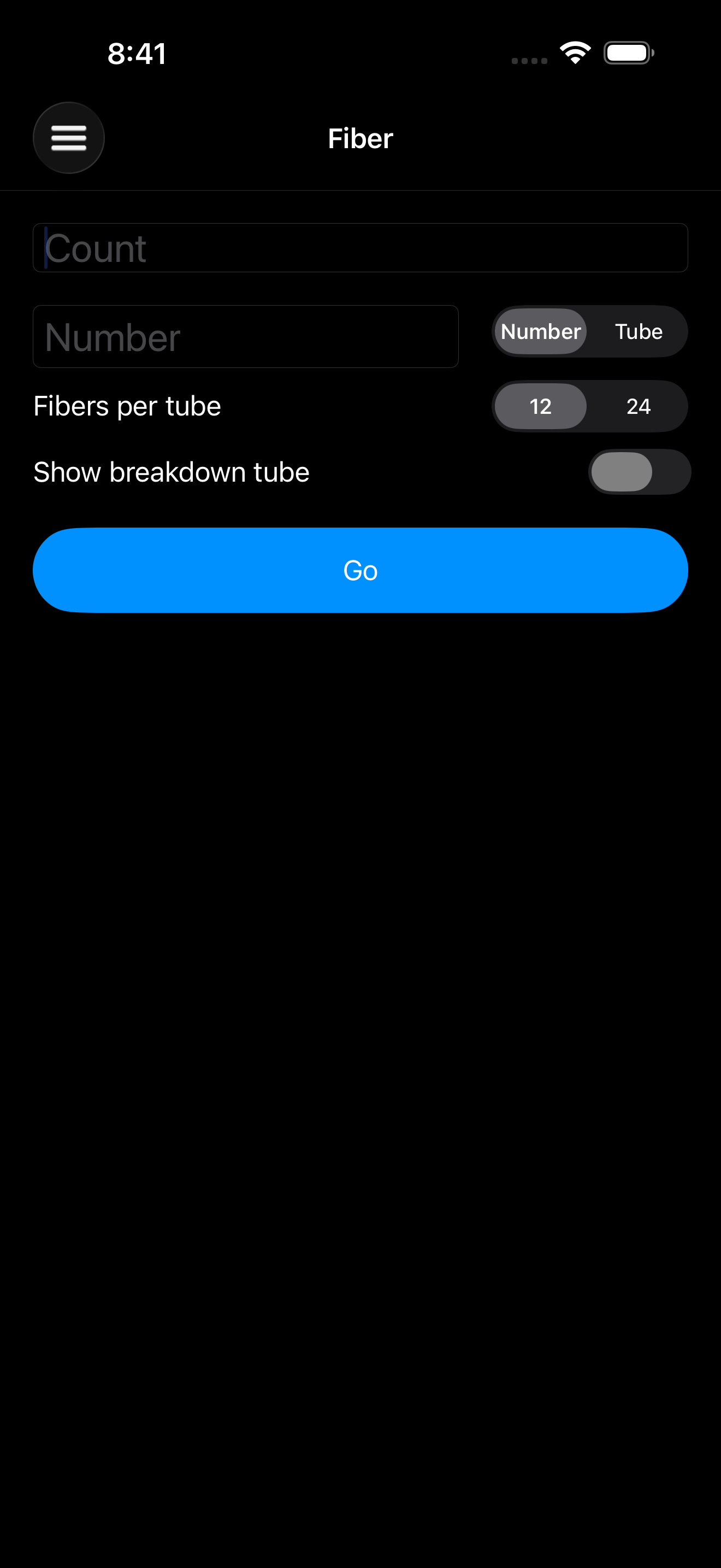 Fiber's entry screen: fields for count and fiber number, a 12-or-24 fibers-per-tube switch, and a Go button.