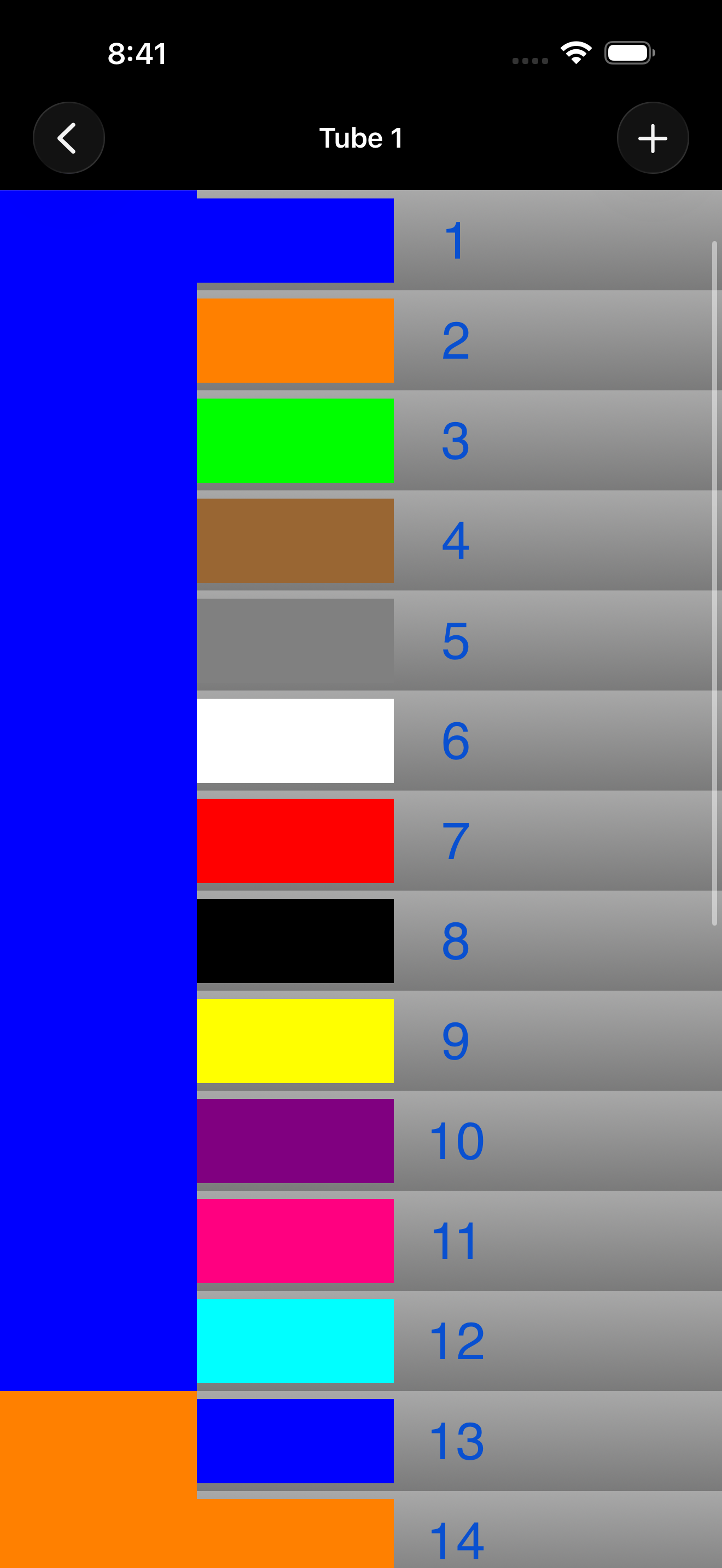 Fiber's results list showing tube 1: fibers numbered 1 through 14, each with its color swatch, against a blue tube band.